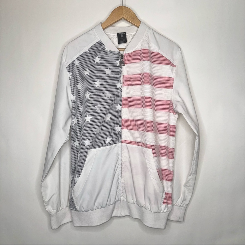 BLUE GEAR MENS JACKET ZIP UP USA AMERICA TOP RED WHITE BLUE